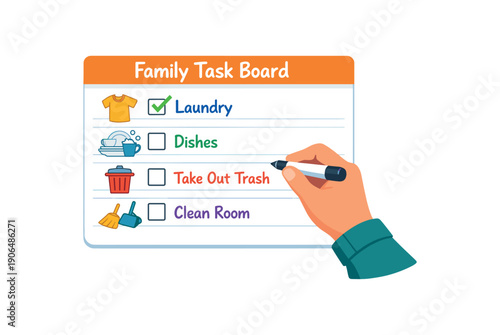 parent hand writing on family task board small marker drawing checkbox next to chore clean shapes. colored flat icon vector illustration