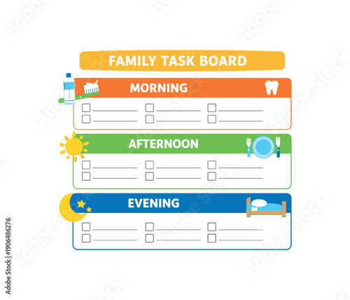 family task board divided into morning afternoon evening with tiny tooth bed plate day structure clean shapes. colored flat icon vector illustration