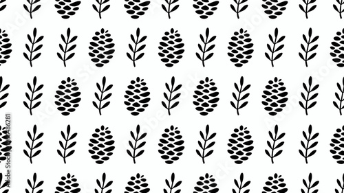 Hand drawn winter seamless pattern featuring pine cones and delicate leafy branches, perfect for rustic holiday wrapping paper or natural Christmas textile design.