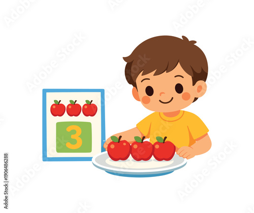 kid putting three apples on plate matching recipe card with number three everyday counting clean shapes. colored flat icon vector illustration