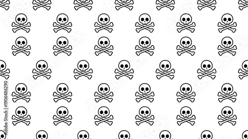 Monochrome seamless pattern of simple skull and crossbones icons, representing danger, pirate themes, or edgy alternative fashion design background.