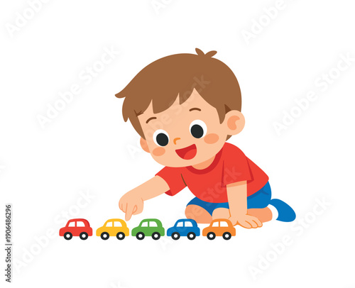 preschooler lining up toy cars row and pointing each while counting one by one clean shapes. colored flat icon vector illustration