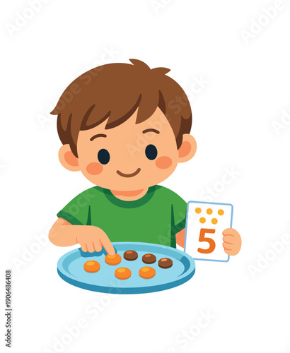 child counting snack pieces on plate and matching to small card with same number mindful eating and math clean shapes. colored flat icon vector illustration
