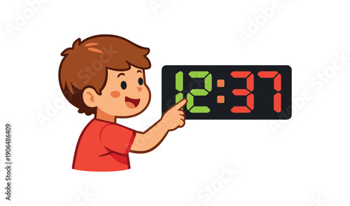 child pointing at digital clock numbers learning to read and count digits clean shapes. colored flat icon vector illustration