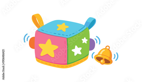 soft cube rattle with stars and bell inside baby shaking toy clean shapes. colored flat icon vector illustration