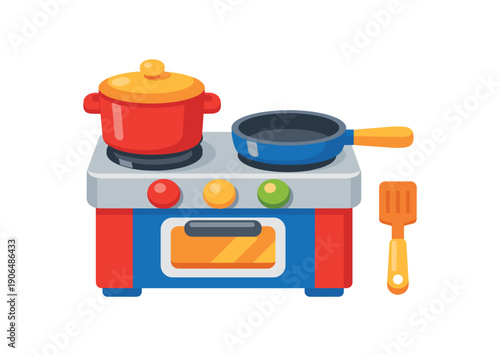 toy kitchen set tiny stove pot and pan pretend cooking play clean shapes. colored flat icon vector illustration