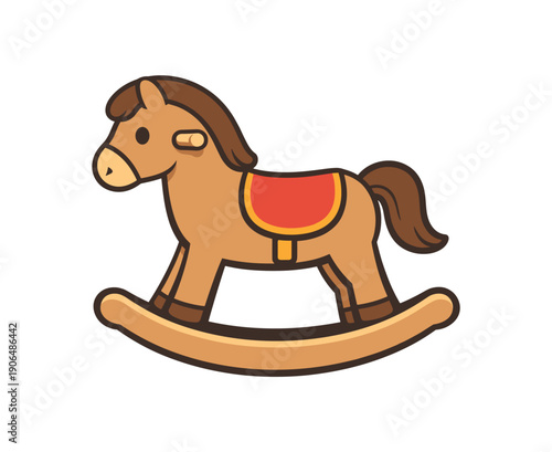 wooden rocking horse with simple saddle timeless kids ride on toy clean shapes. colored flat icon vector illustration