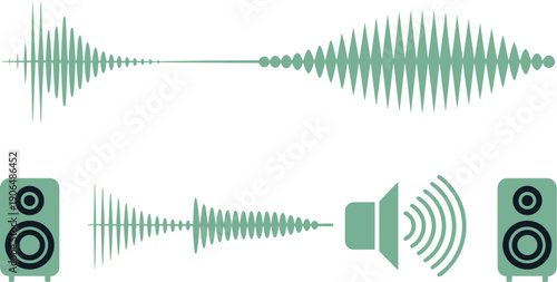 Vector illustration of audio sound wave visualization with speakers, representing music playback, volume control, or digital sound processing technology on a dark background.