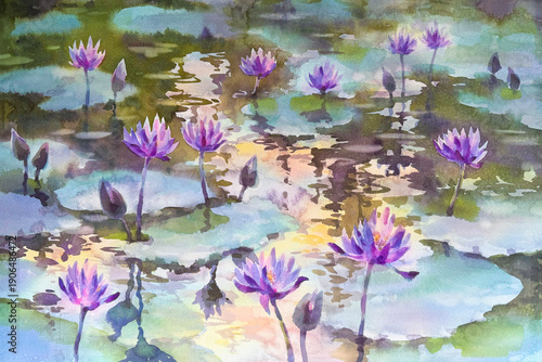 Fototapeta Violet lotus in the pond watercolor background