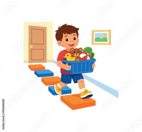 child carrying laundry basket or box of toys down hallway built proprioceptive task clean shapes. colored flat icon vector illustration