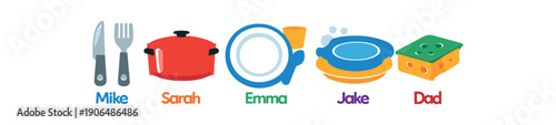family meal duty board knife fork pot dish sponge different names assigned below rotating chores clean shapes. colored flat icon vector illustration