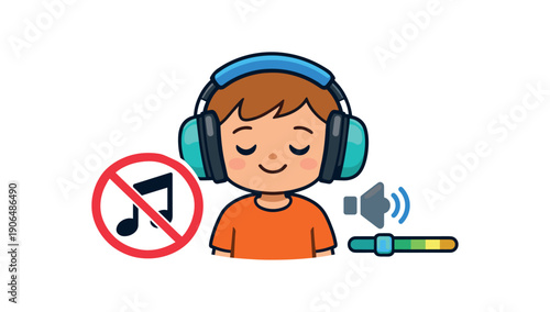 child wearing noise reducing headphones music note icon crossed soft sound control clean shapes. colored flat icon vector illustration