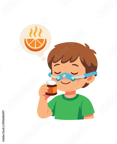 kid sniffing small jar with citrus slice smell icon above controlled olfactory input clean shapes. colored flat icon vector illustration