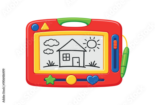 magnetic drawing board with simple house doodle kids reusable art toy clean shapes. colored flat icon vector illustration