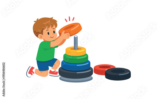 kid stacking weighted rings on pole lifting each one slowly graded heavy work clean shapes. colored flat icon vector illustration