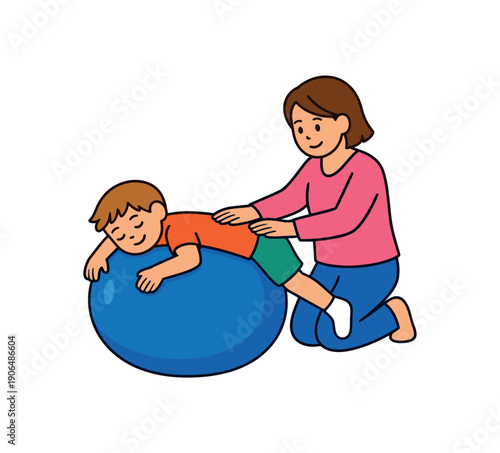 child lying over big therapy ball while parent presses gently on back deep pressure and vestibular clean shapes. colored flat icon vector illustration