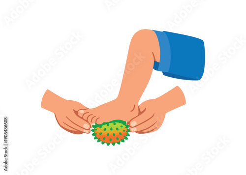 hands rolling small massage ball under bare foot seated child sensory foot input clean shapes. colored flat icon vector illustration