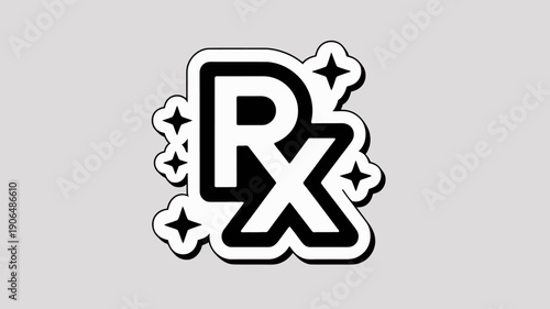 Stylized Black and White RX Prescription Symbol Icon with Sparkling Stars for Pharmacy, Medicine, or Healthcare Branding Sticker Design