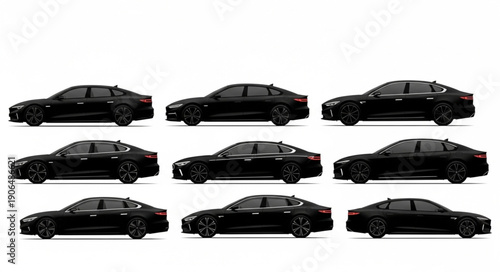 Collection of nine identical black luxury sedans displayed in a grid formation.