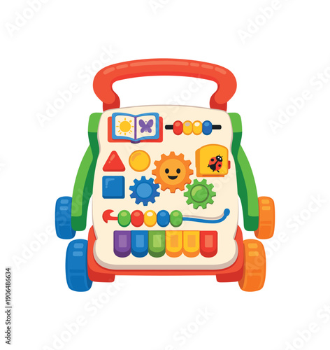 toddler push walker toy with activity panel gears shapes and beads early walking support clean shapes. colored flat icon vector illustration