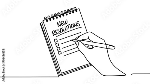 Hand writing down new year resolutions on a spiral notepad with checkboxes, symbolizing goal setting, planning for the future, self-improvement, and making commitments for the upcoming year.