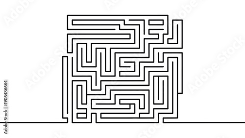 Simple black and white square maze or labyrinth outline graphic representing challenge, problem-solving, confusion, and finding the right path or solution in business concept.