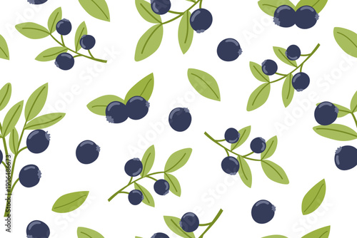 Blueberry seamless pattern. Berries isolated on white background. Vector flat template.
