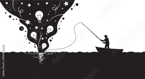 Silhouette of a man fishing for creative ideas at night