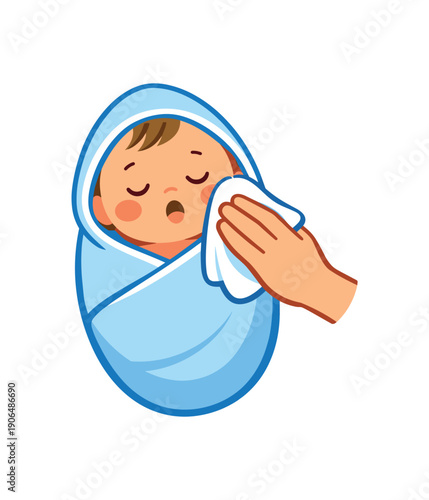 newborn wrapped hooded towel after bath parent patting skin dry with soft cloth gentle drying after bathing clean shapes. colored flat icon vector illustration