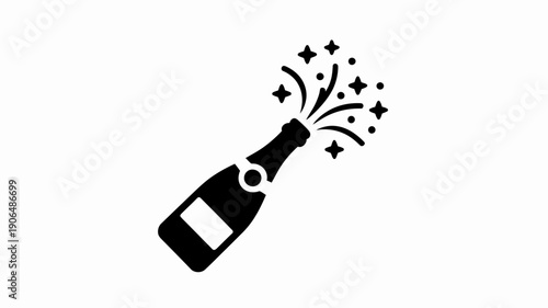 Black Silhouette Icon of Champagne Bottle Popping Cork with Sparkling Celebration Effects, Perfect for Party Invitations, New Year's Eve, or Festive Event Graphics