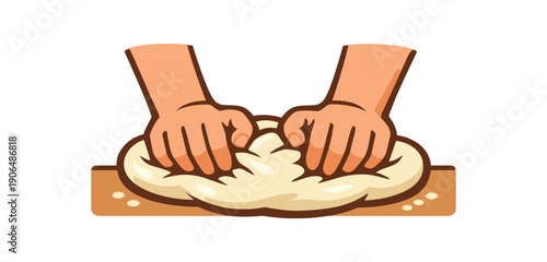 hands kneading bread or dough on table strong deep pressure through palms sensory cooking task clean shapes. colored flat icon vector illustration