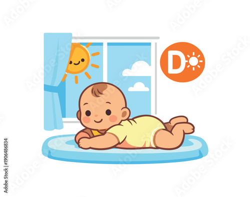 baby lying near window but not direct sun small vitamin d icon thoughtful sun exposure for newborn clean shapes. colored flat icon vector illustration