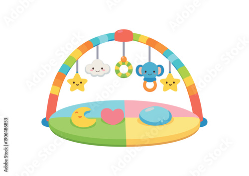 baby activity gym arch with hanging rattles clouds and stars soft play mat underneath clean shapes. colored flat icon vector illustration
