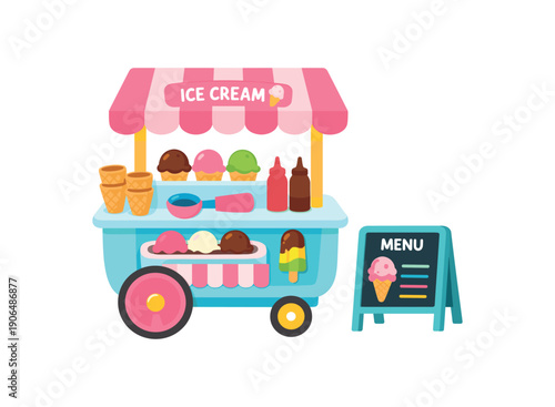 toy ice cream stand cart with cones scoops and tiny menu board pretend dessert play clean shapes. colored flat icon vector illustration