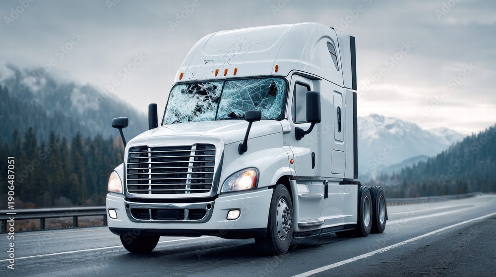 Naklejka premium Damaged white semi-truck on a highway with a broken windshield