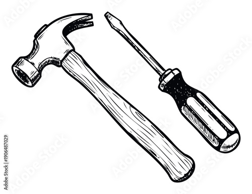 Stylized black and white drawing of a hammer and screwdriver, representing home improvement, repair services, and construction projects for various applications.