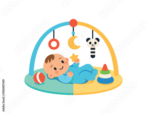 baby lying on play mat with simple toys only few gentle stimulation without overload clean shapes. colored flat icon vector illustration