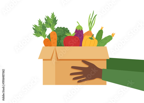 Paper box full of vegetables in human hands isolated on white background. Shopping, healthy food, delivery, farming concepts. Vector flat clipart.