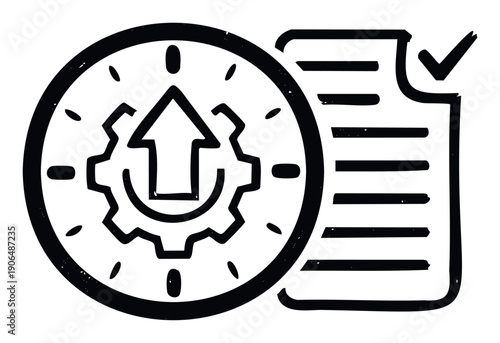 Hand drawn sketch of a clock with a gear and an upward arrow, alongside a document with a checklist and checkmark, symbolizing time efficiency, productivity optimization, and successful