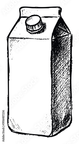 A rustic hand drawn graphic of a carton of milk or juice with a screw cap, ideal for food and beverage packaging design, grocery store promotions, and farm to table branding materials.