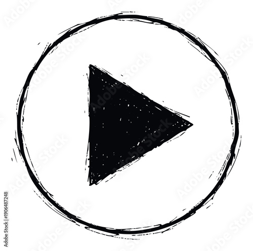 A handdrawn play button icon with a grunge texture, perfect for video interface designs, streaming service graphics, or modern multimedia content