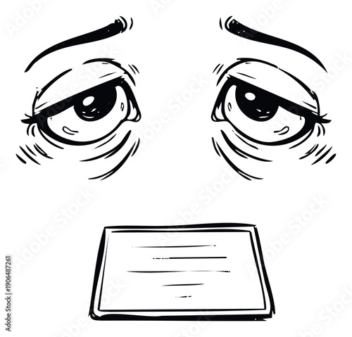 Sketchy black and white illustration of weary eyes featuring prominent eye bags and an empty message box, perfect for illustrating fatigue, silence, or unspoken thoughts in various media