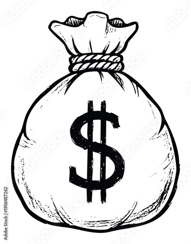 Hand drawn money bag with dollar sign symbolizing financial wealth and business success for economic concepts or investment graphics