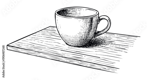 A beautifully handdrawn sketch depicting a coffee cup resting on a rustic wooden board, ideal for complementing cafe branding, kitchenthemed publications, or various graphic design projects.