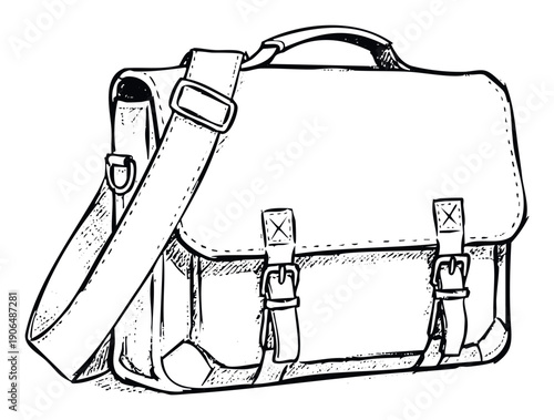Black and white line drawing of a traditional leather satchel bag with a long shoulder strap and buckle closures, ideal for educationrelated graphics or accessories projects.