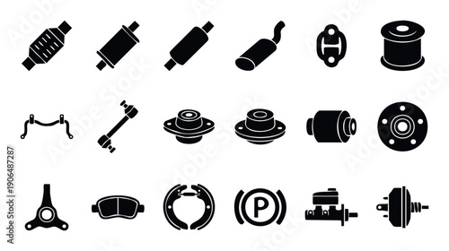 Comprehensive collection of essential automotive spare parts icons, perfect for illustrating auto repair shop services, vehicle maintenance guides, and industrial components catalogs