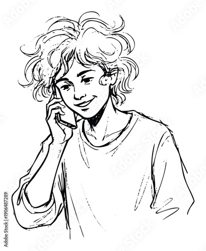 A cheerful young person with curly hair is happily talking on their smartphone, an engaging black and white sketch perfect for communicationthemed projects and youthoriented content.