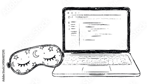 Monochromatic graphic of an open laptop displaying a productivity application screen next to a celestial sleep mask, useful for representing digital downtime and peaceful bedtime routines.