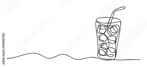 Single line drawing of a cool drink in a glass with ice cubes and a straw, suitable for summer refreshment concepts, beverage industry branding, or clean graphic visual assets.