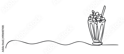 Continuous single line drawing illustrating a refreshing milkshake with whipped cream and a drinking straw, ideal for minimalist food and drink branding or cafe decorations.